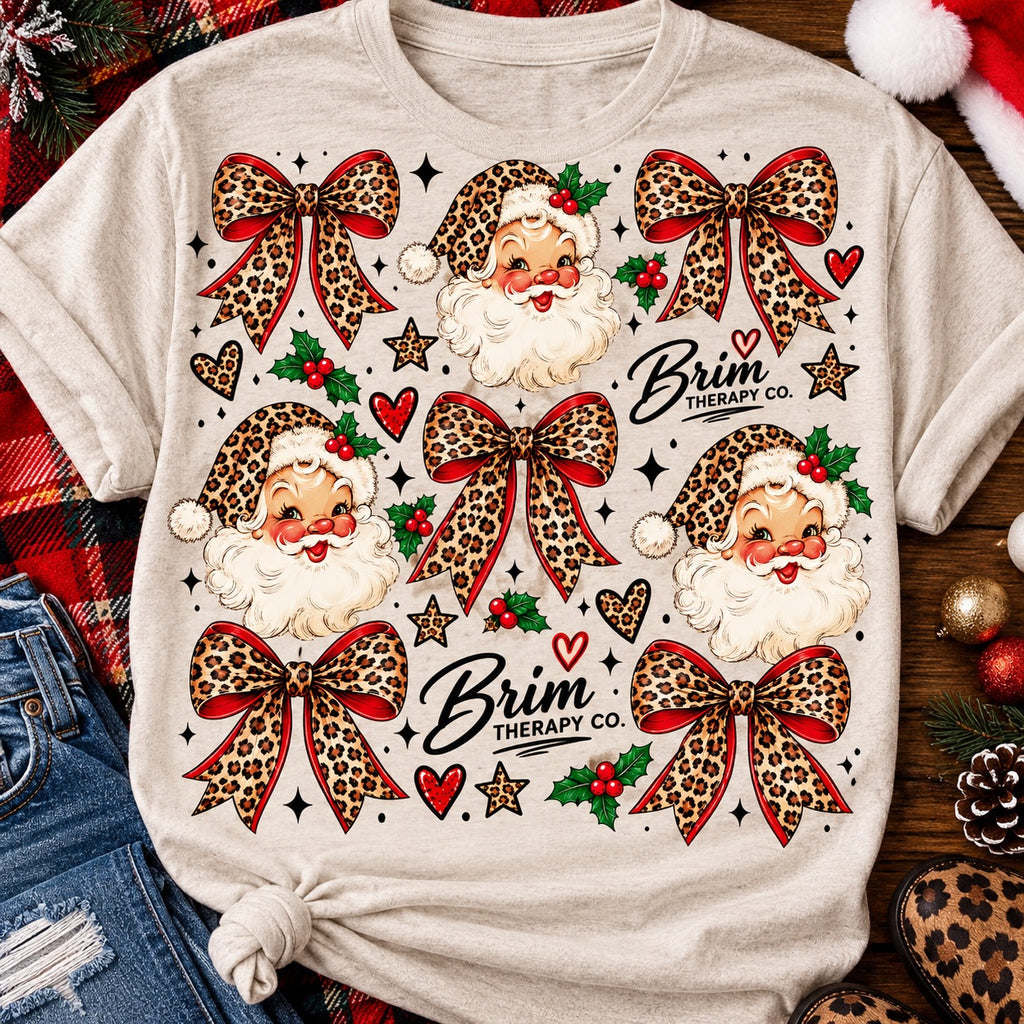Vintage Santa and Leopard Bow Christmas Graphic Tee