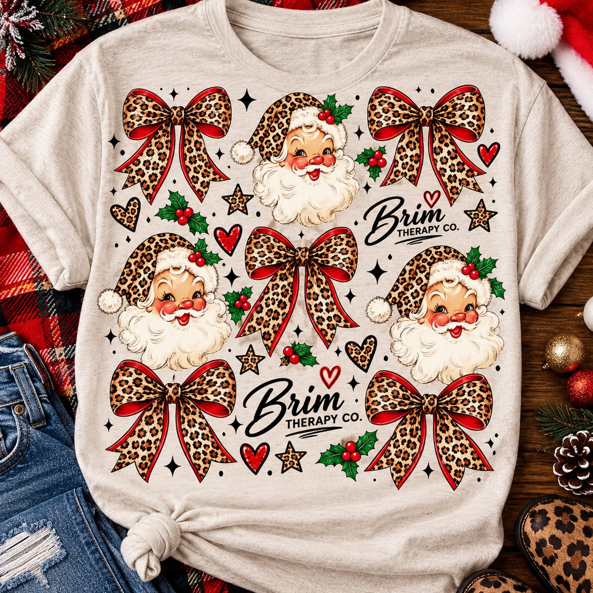 Vintage Santa and Leopard Bow Christmas Graphic Tee