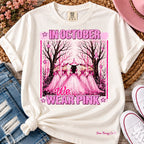In October We Wear Pink Halloween Breast Cancer Awareness Graphic Tee