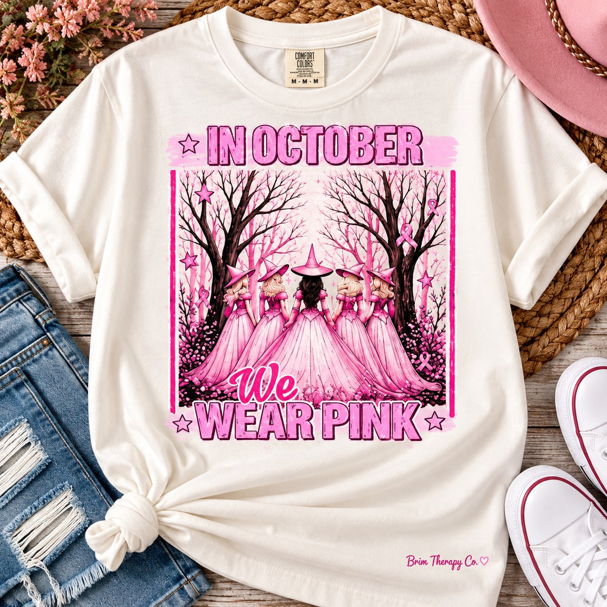 In October We Wear Pink Halloween Breast Cancer Awareness Graphic Tee