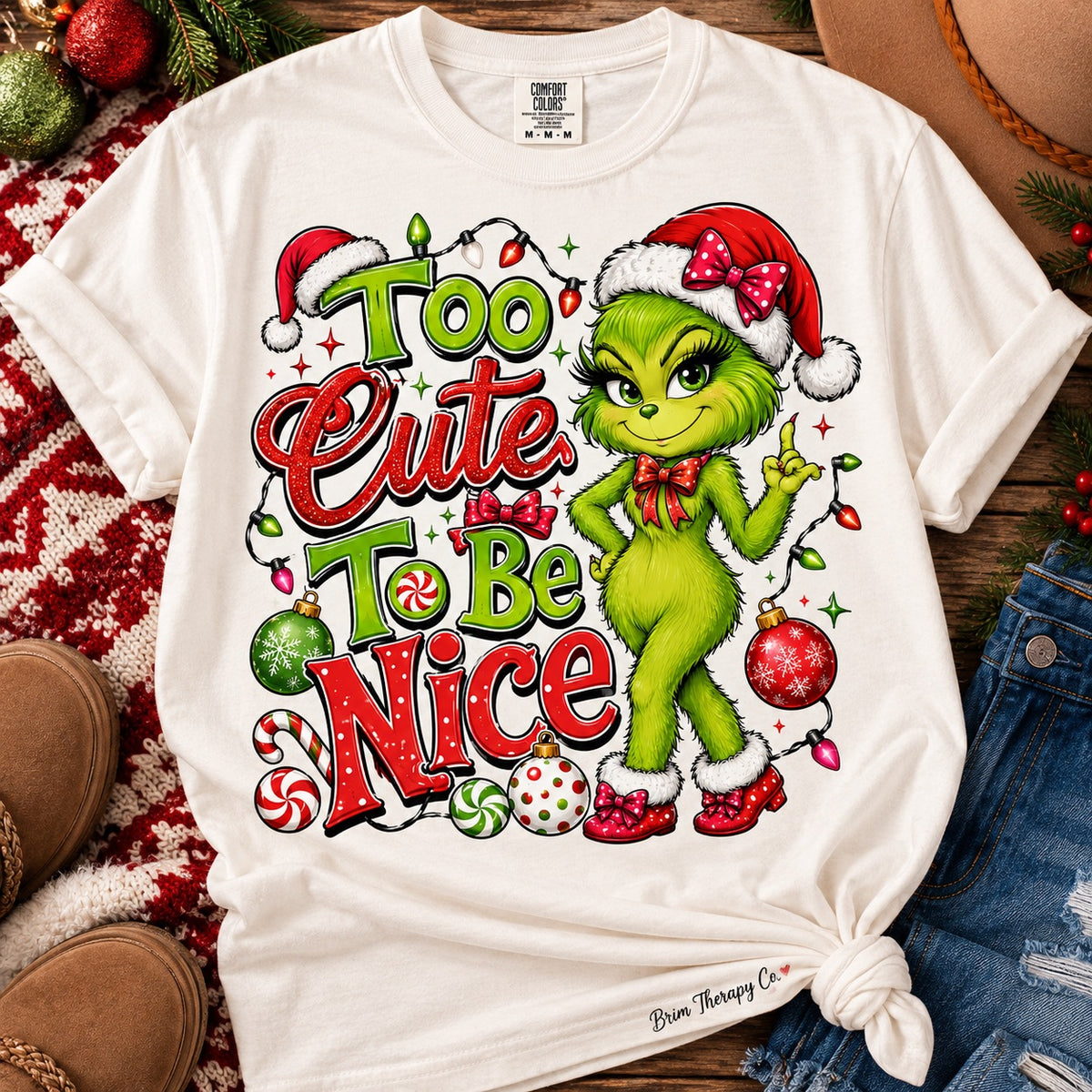 Too Cute to Be Nice Grinch Christmas Graphic Tee