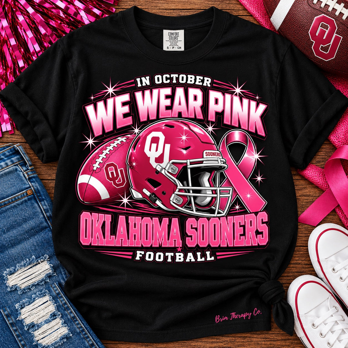 Oklahoma Sooners We Wear Pink Football Graphic Tee