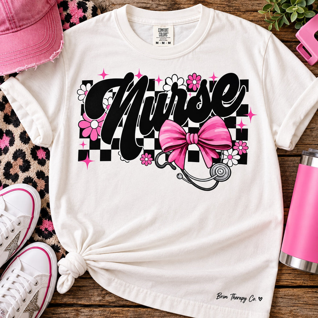 Nurse Bow and Checkerboard Graphic Tee
