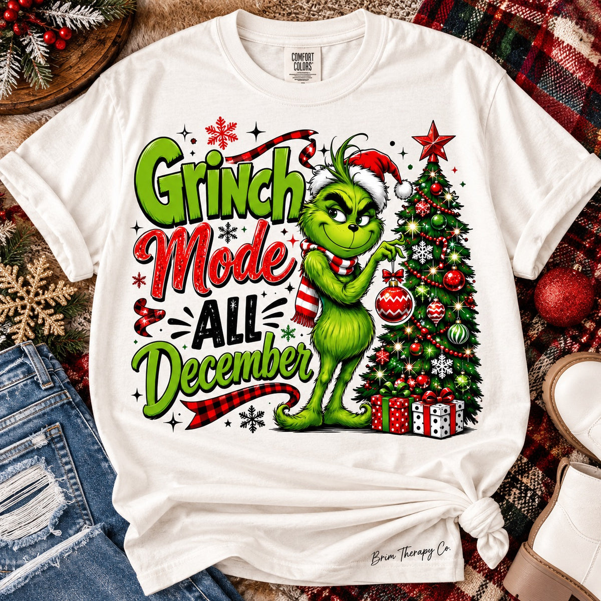 Grinch Mode All December Christmas Graphic Tee