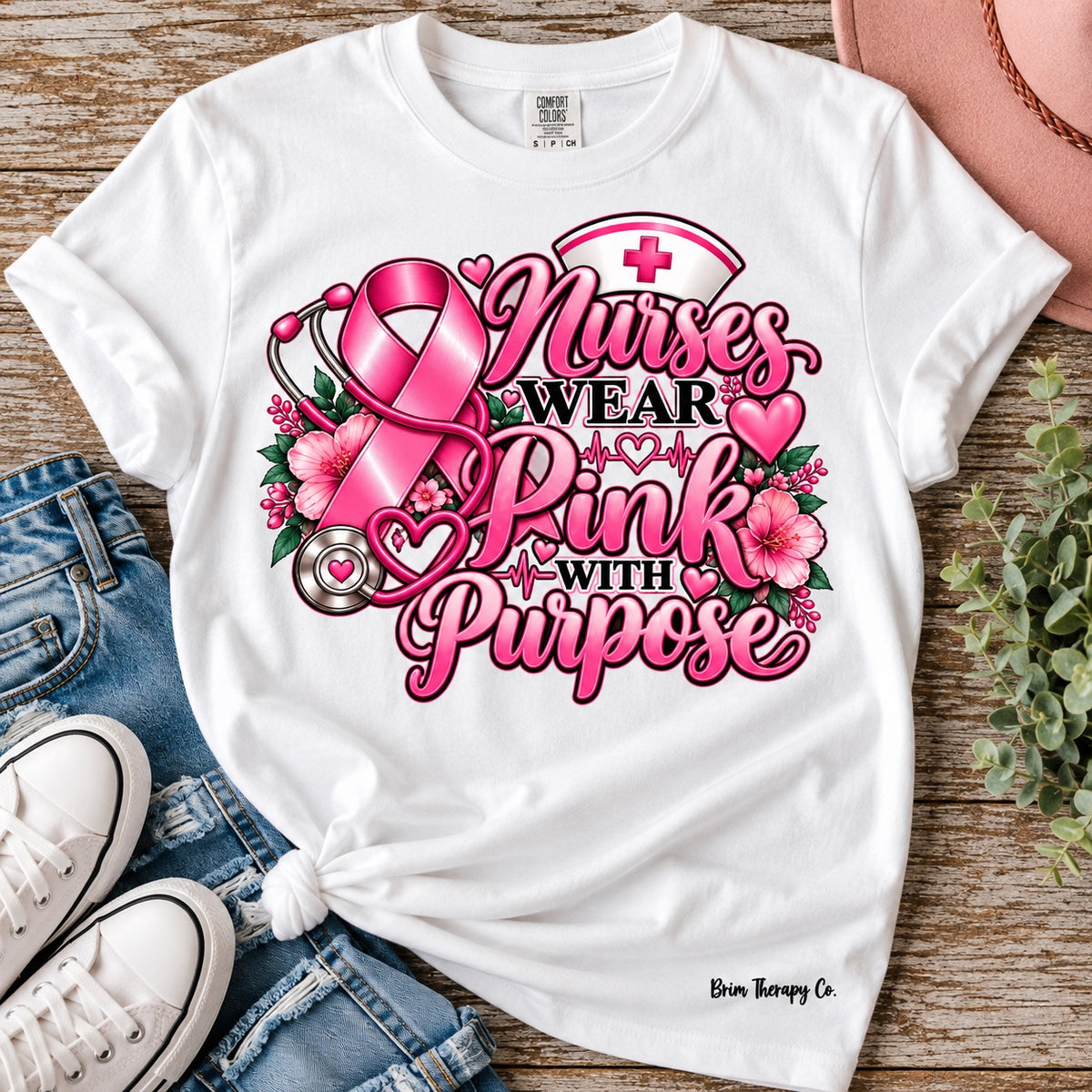 Nurses Wear Pink With Purpose Breast Cancer Awareness Graphic Tee