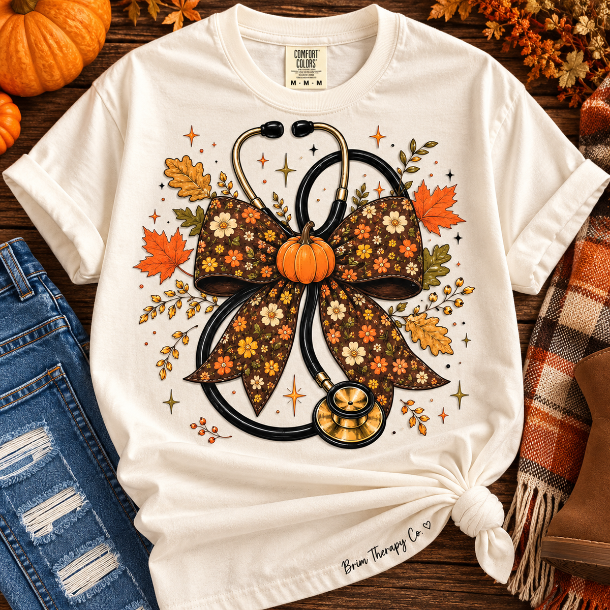 Fall Floral Bow Stethoscope Graphic Tee