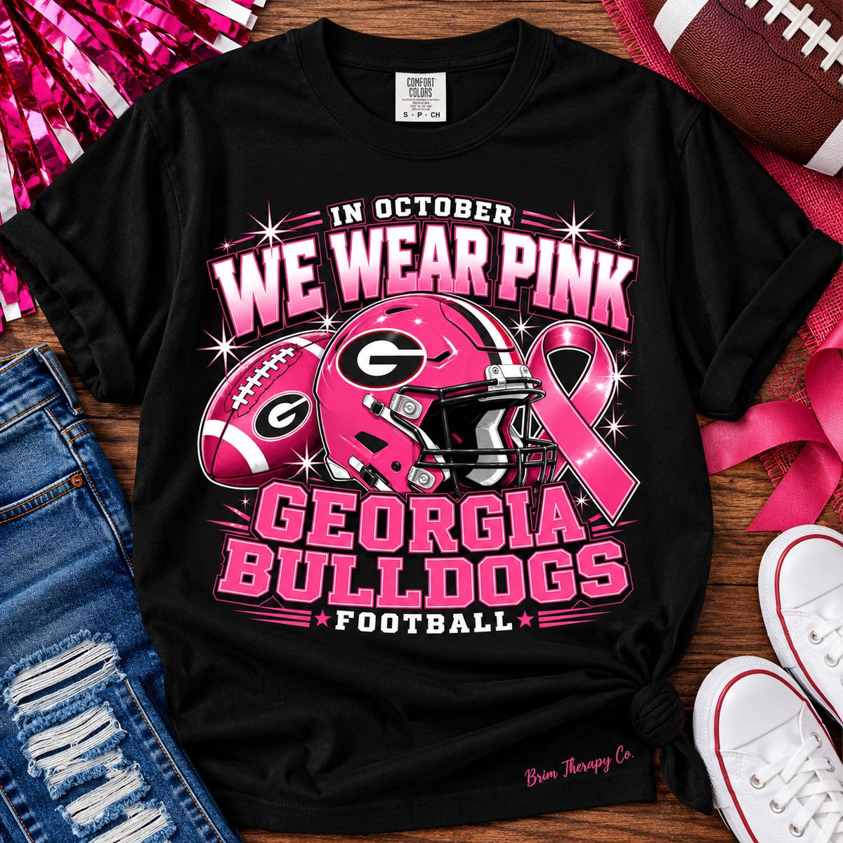 Georgia Bulldogs We Wear Pink Football Graphic Tee