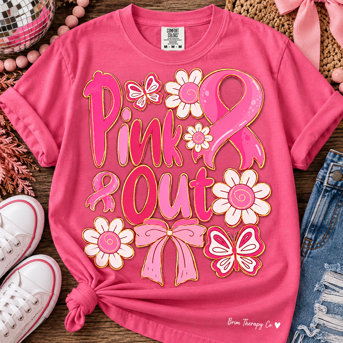 Pink Out Floral Breast Cancer Awareness Graphic Tee