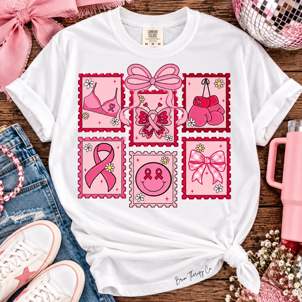 Pink Ribbon Patchwork Breast Cancer Awareness Graphic Tee