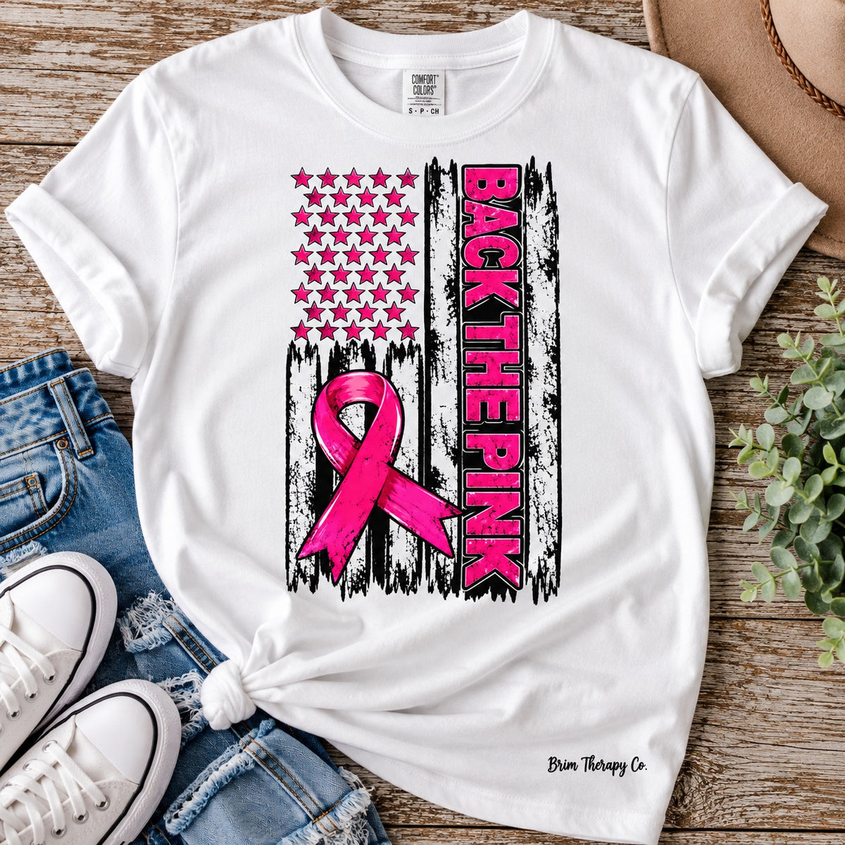 Rock the Pink Breast Cancer Awareness American Flag Graphic Tee