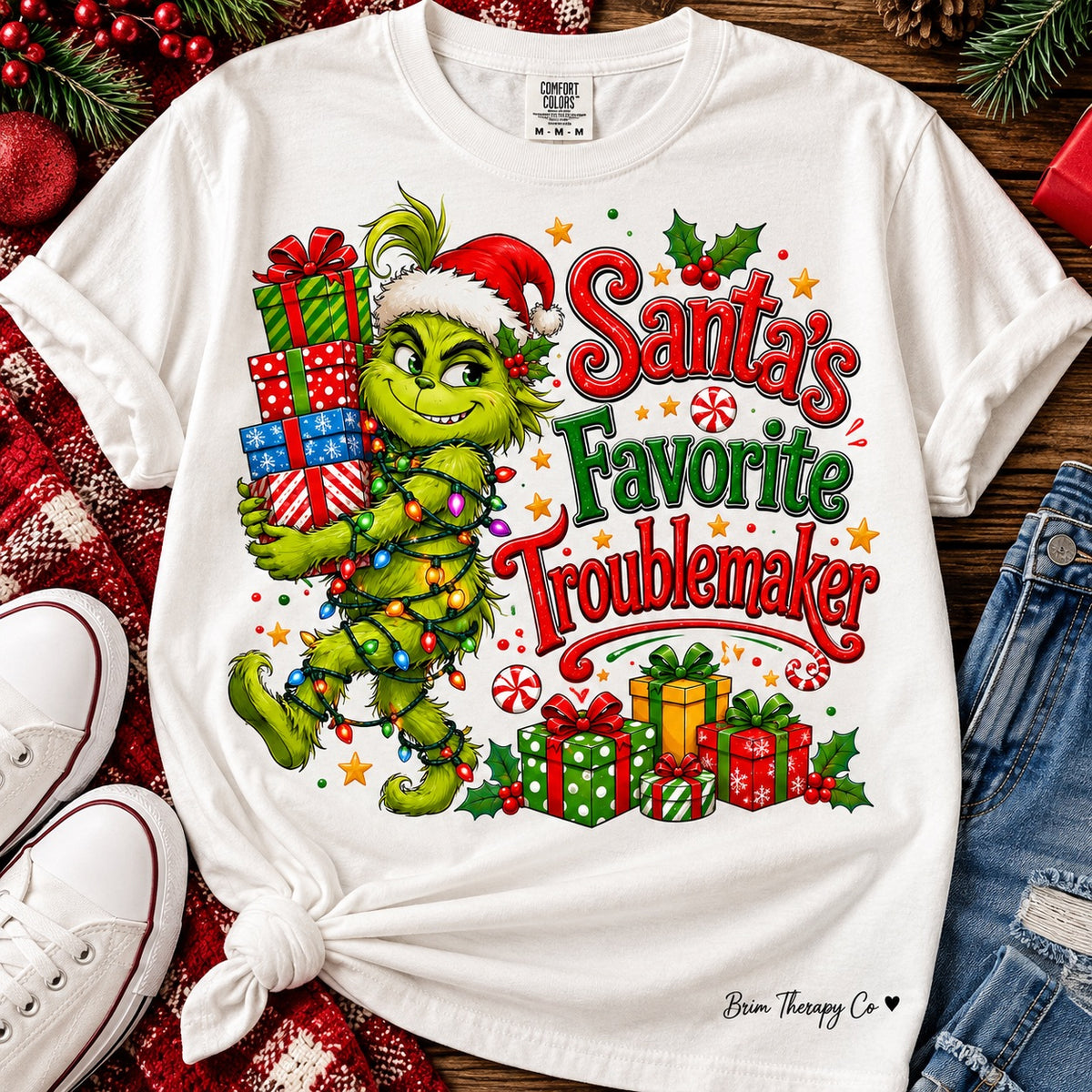 Santa’s Favorite Troublemaker Grinch Christmas Graphic Tee
