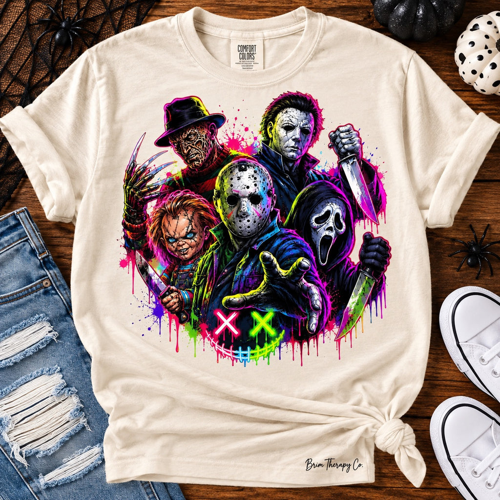 Horror Icons Neon Splatter Halloween Graphic Tee