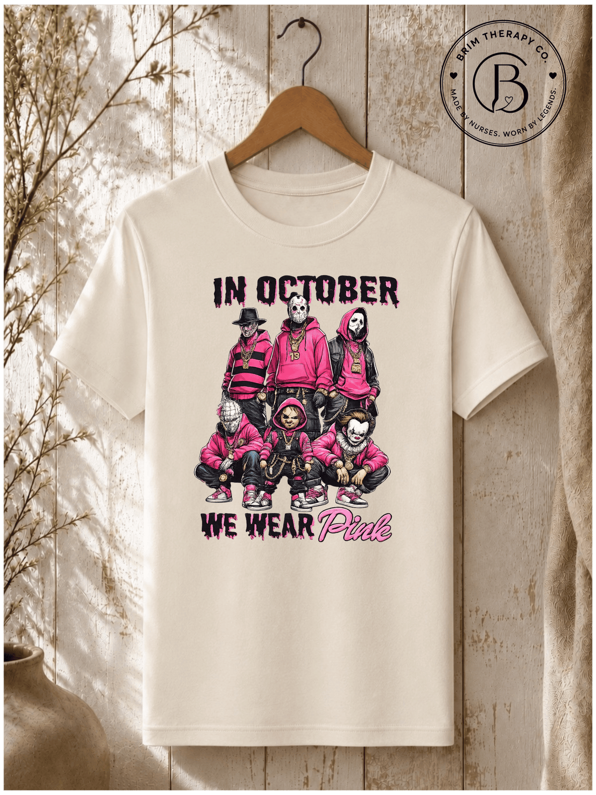 SEHL1085: In October We Wear Pink Horror Crew Graphic Tee