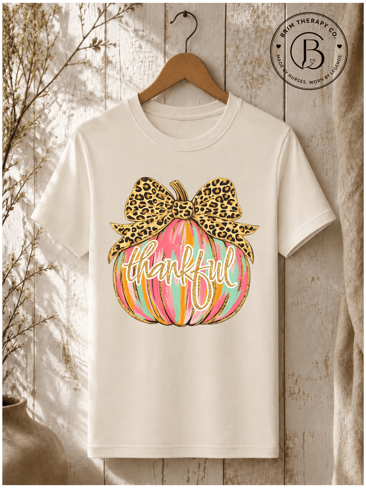 SEHL1097: Thankful & Wild Leopard Bow Pumpkin Tee